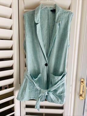 Tahari Sea Foam Green Linen Lagenlook Belted Sleeveless Collared Top Tunic Sz M